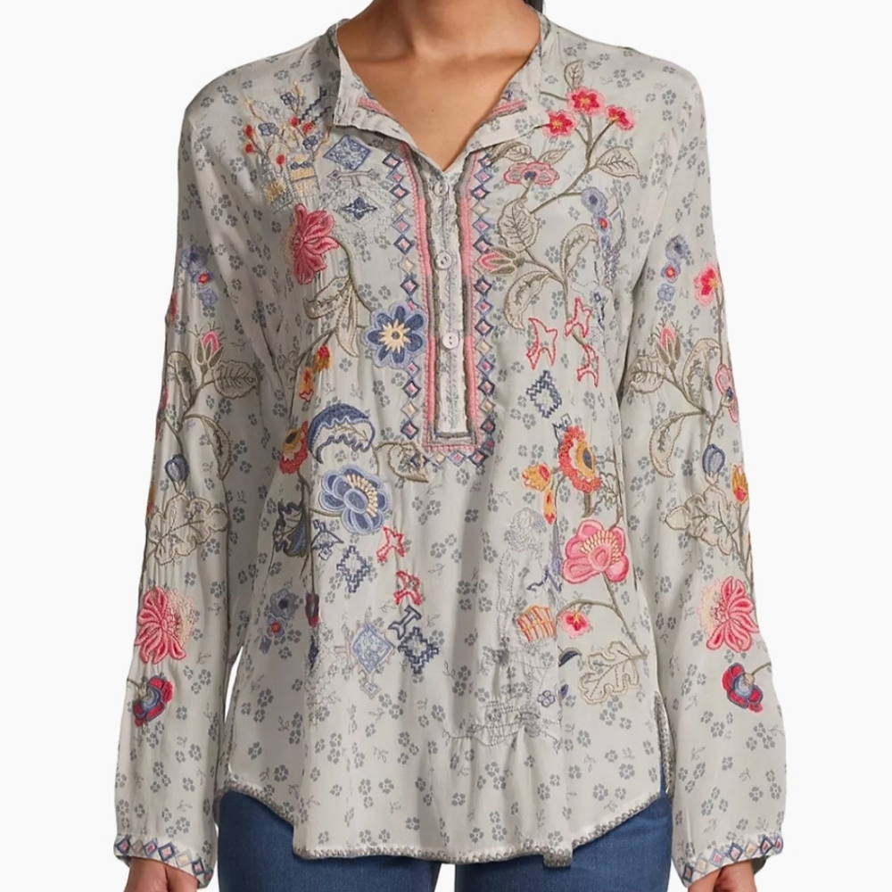Johnny Was NYA Silk V-Neck Long Sleeve Floral Embroidered Blouse NWT